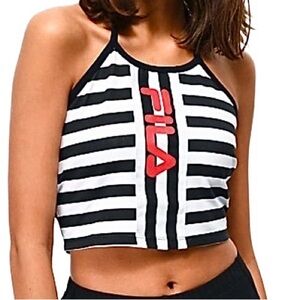 NWT Fila Logo Magdalena Striped Halter Crop Top Black White Red S Athleisure